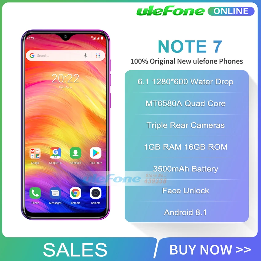 Смартфон Ulefone Note 7 6 1 дюйма Гб ОЗУ 16 ПЗУ четырехъядерный MT6580A 3500 мА/ч Face ID тройная