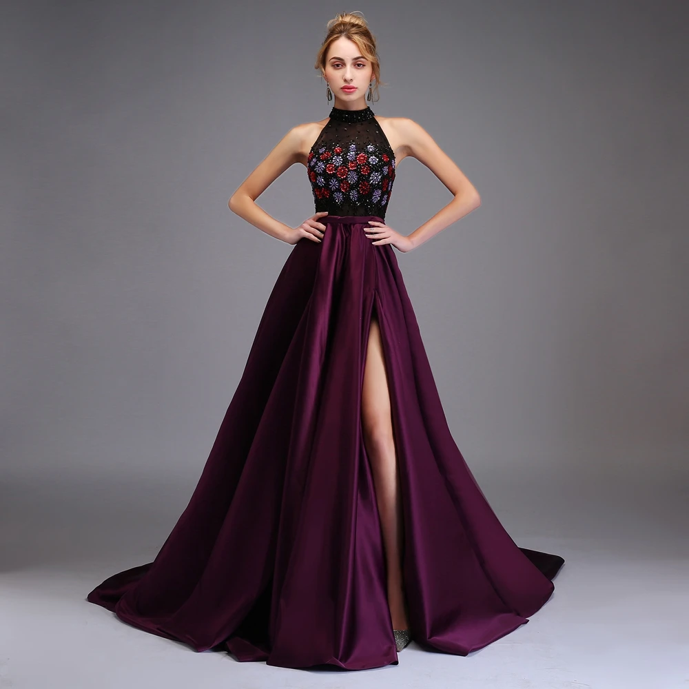 Luxury Evening Dress High-end Custom Purple Satin Halter Beading High-slit Sweep Train Prom Party Formal Gown |
