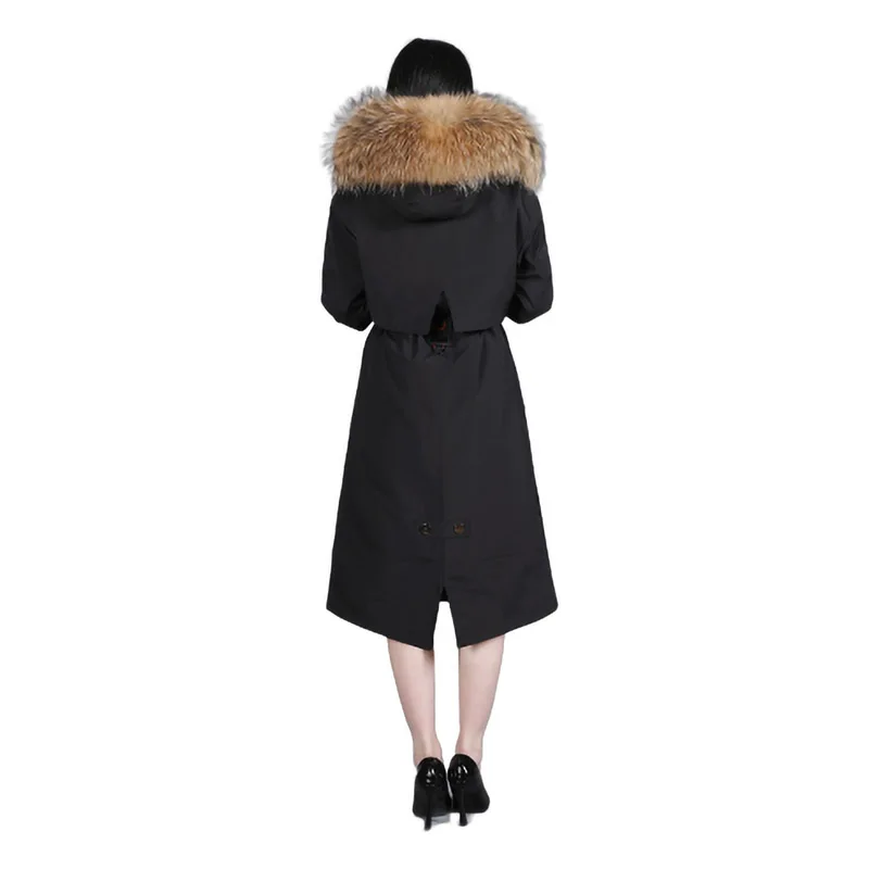 Winter Women's Jacket Raccoon Fur Natural Raccoon Fur Collar Long Sleeve Fox Fur Long Jacket Rex Rabbit Feather Lining