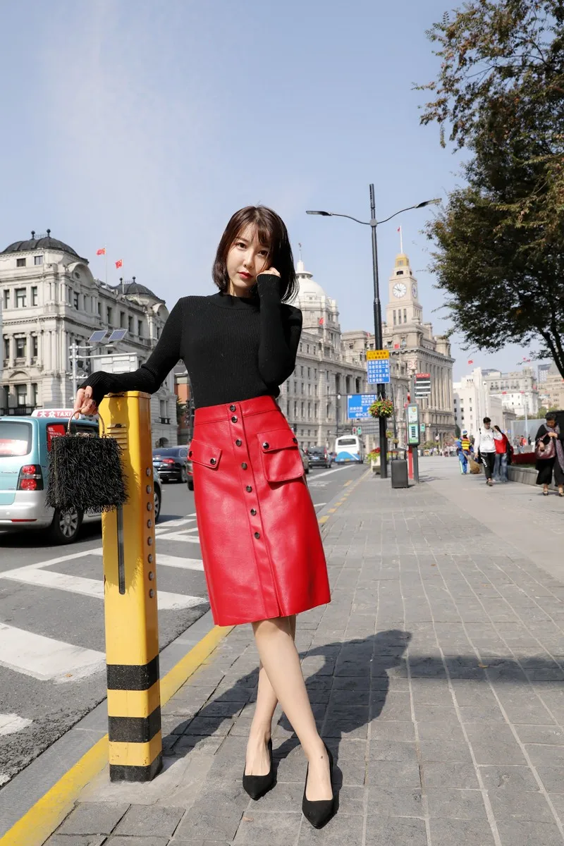 Top Quality Genuine Leather Womens Knee Length Skirts High Waist Single Breasted Pockets Office Ladies Sheepskin A-Line Skirts