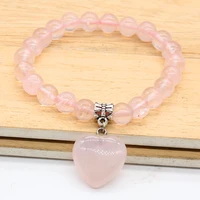 trendy beads silver plated natural rose pink quartz heart connect 8 mm round beads bracelet for women jewelry