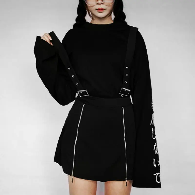 Женская юбка на подтяжках черная в стиле Харадзюку панк молнии Готическая