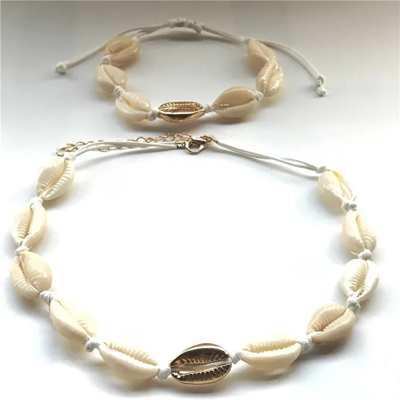 white rope gold set Модное золотое ожерелье-чокер в виде раковины каури для женщин и девушек, богемное пляжное летнее ювелирное изделие в подарок - Окраска металла: white rope gold set