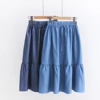 plus size long ruffles denim skirts women plus size loose elastic high waist blue solid pleated jean skirt female summer 2019