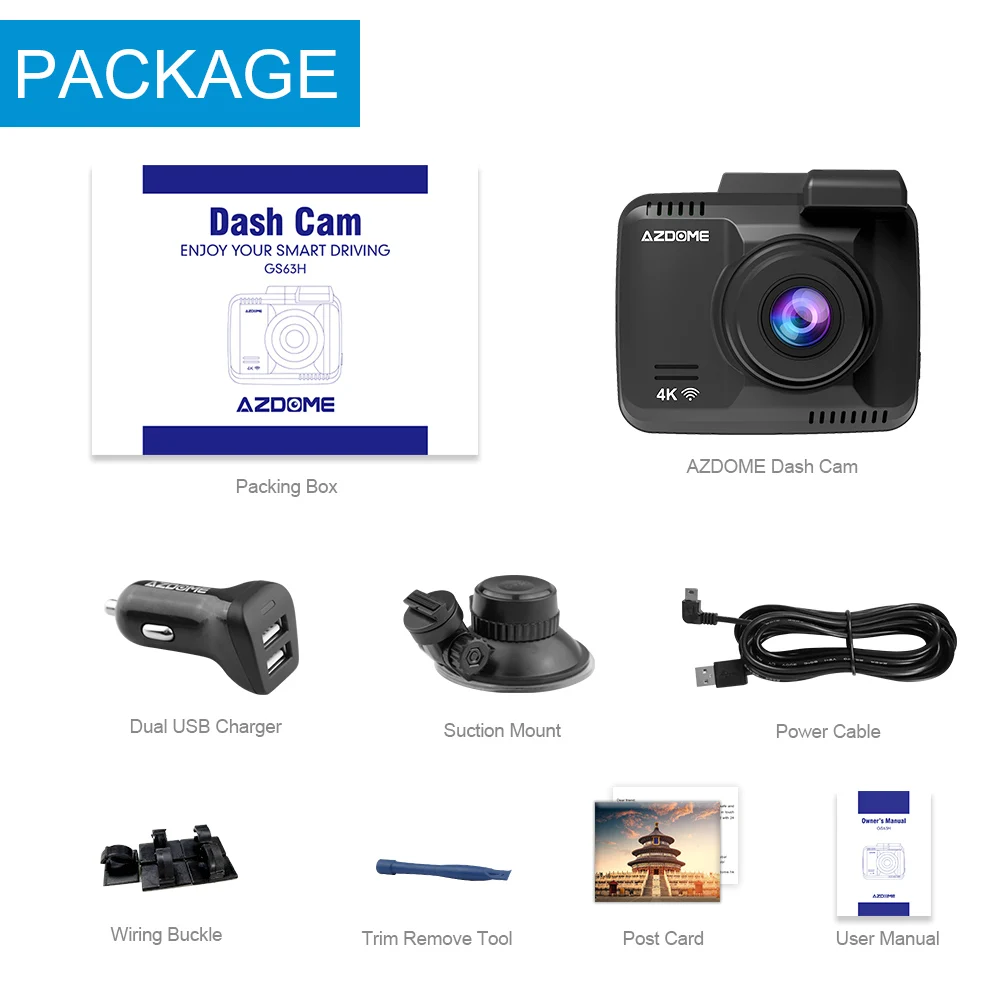 Azdome GS63H регистраторы двойной объектив Встроенный gps Wi Fi FHD 1080P спереди + VGA сзади