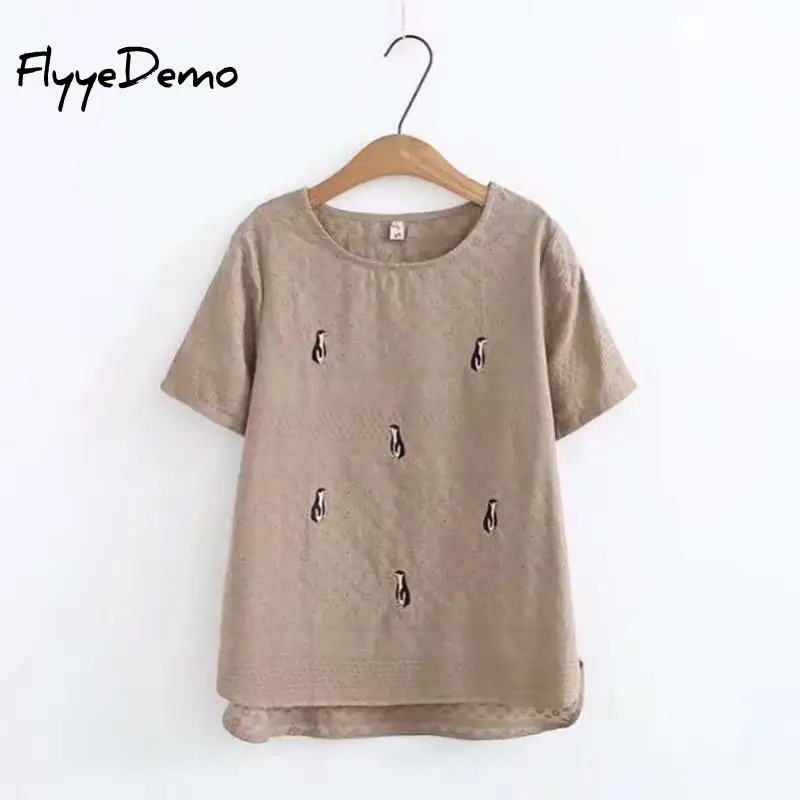 4XL размера плюс с рисунком пингвина вышивкой Женские топы коротким рукавом 2020