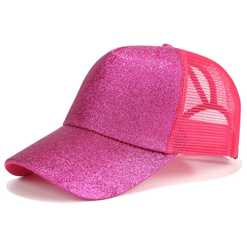 Glitter Hot pink Блестящая бейсбольная кепка с конским хвостом, детские летние шапочки для девочек, хип-хоп кепка, Детская кепка с сеткой, модная кепка с булочкой - Цвет: Glitter Hot pink