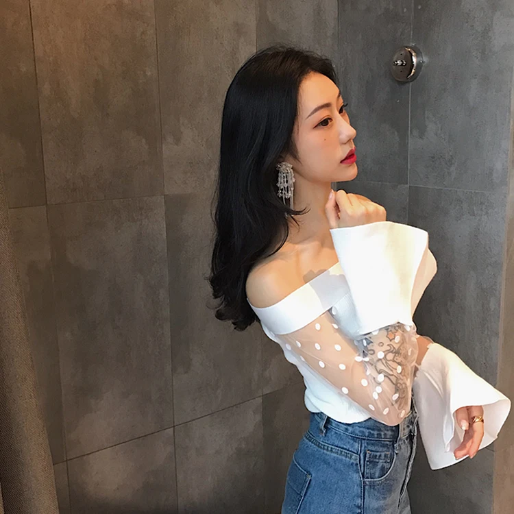 WHITNEY WANG 2019 Весна Осень Мода Уличная Сексуальная Слэш шеи точка сетки лоскутное Flare