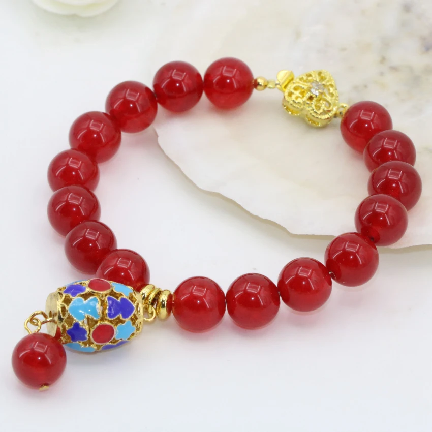 Модные браслеты из бисера 10 мм круглые бусины Красный полудрагоценных нефрит