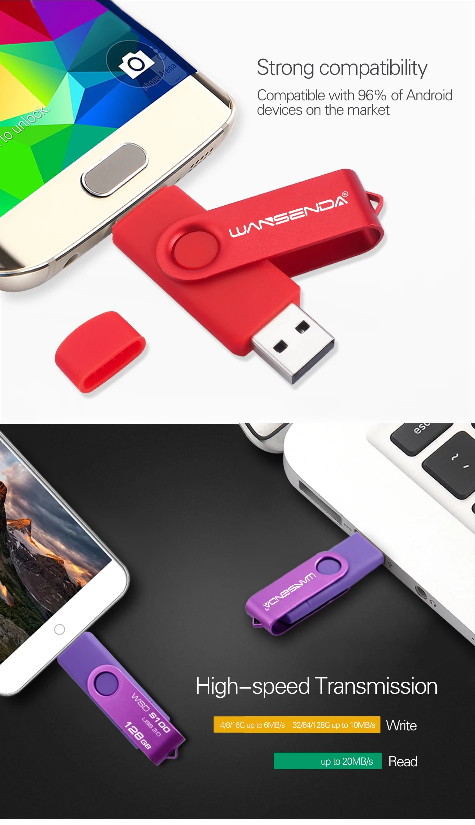 Флеш-накопитель WANSENDA OTG USB 128 Гб 64 Гб Флешка 8 ГБ 16 ГБ 32 ГБ флеш-накопитель 256 ГБ USB флеш-карта памяти для Android/планшетного ПК