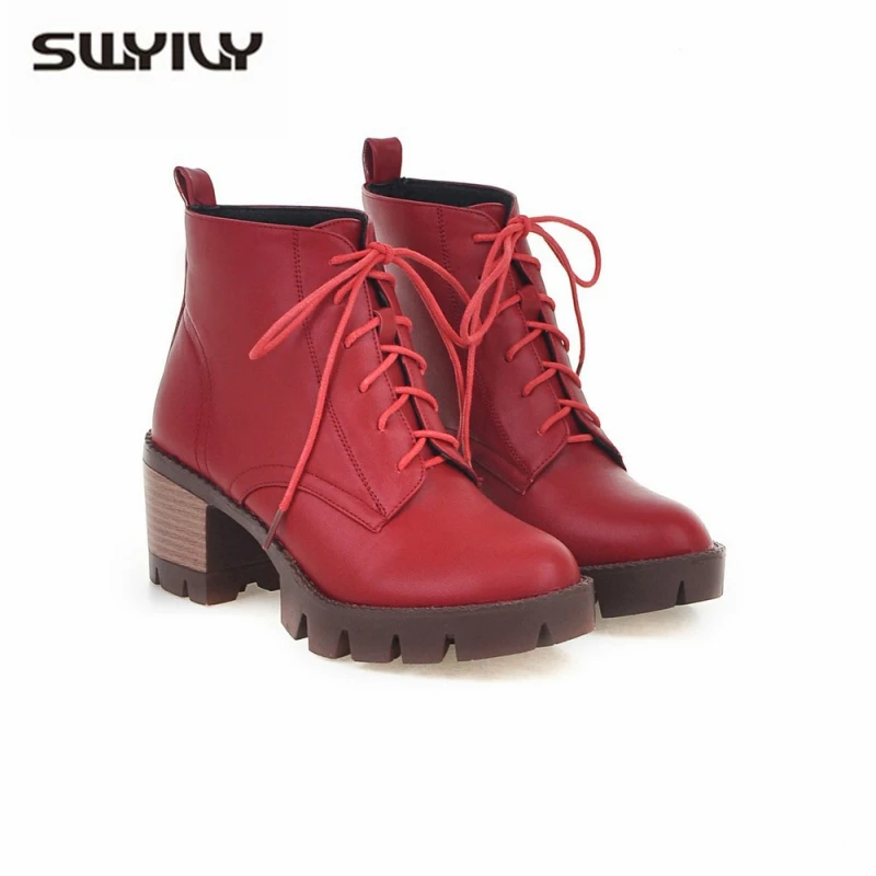 SWYIVY Bootee/ г. Осенне-зимняя женская обувь на блочном каблуке женские ботильоны обувь черного и белого цвета ботинки на шнуровке обувь на платформе, большой размер 34-43 - Цвет: Красный
