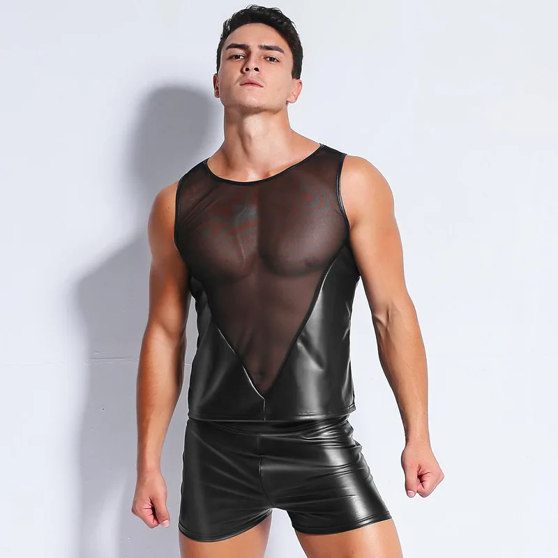 

Sexy Lingerie EUROPE SEXY PVC RUBBER LATEX MENS T SHIRT EROTIC GAY VEST Pants Set X6734