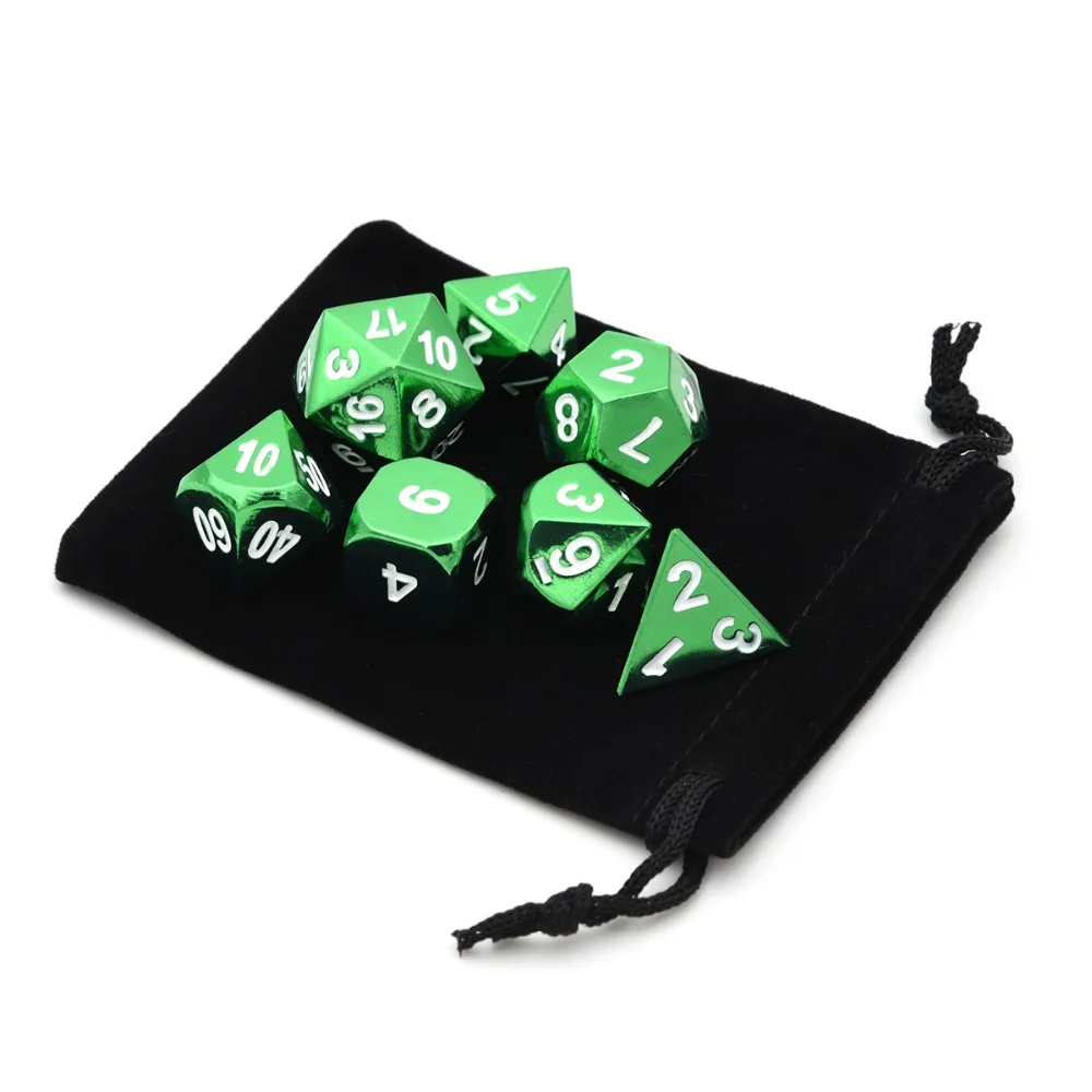Зеленые металлические игральные кости DND многогранные игральные кости D20 D12 D10 D% D8 D6 D4 для ролевых игр MTG настольные игры с мешочком на шнурке