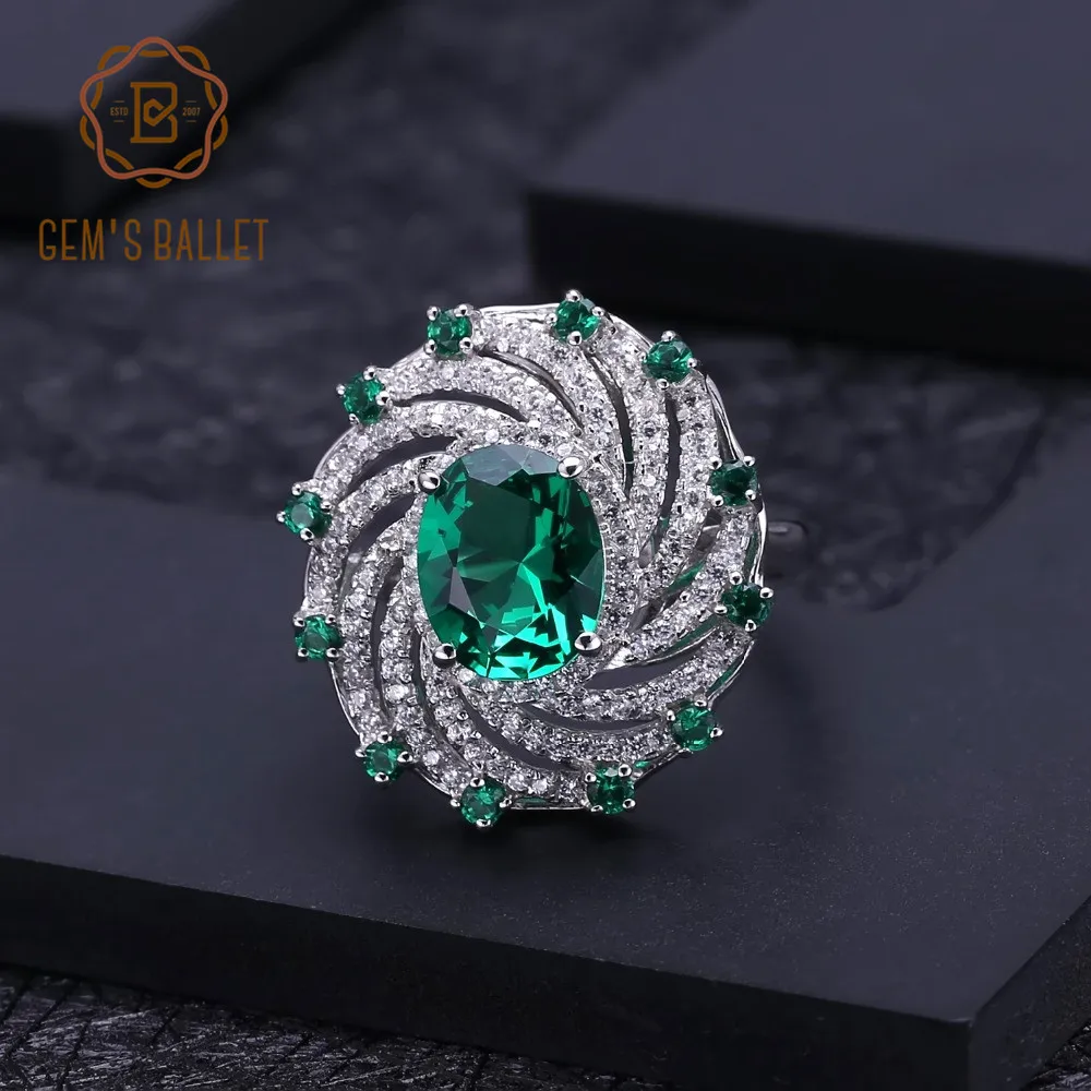 GEM'S балетное 925 пробы Серебряное кольцо с драгоценным камнем для женщин нано Изумруд зеленый спиральная форма винтажные кольца хорошее ювелирное изделие