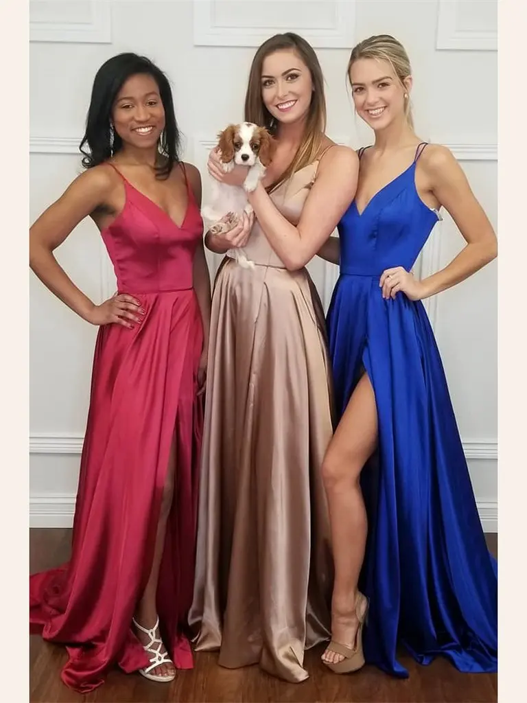 

Champagne Cheap Prom Dress Satin Spaghetti Straps High Slit Sexy Party Maxys Long Prom Gown Evening Dresses Robe De Soiree