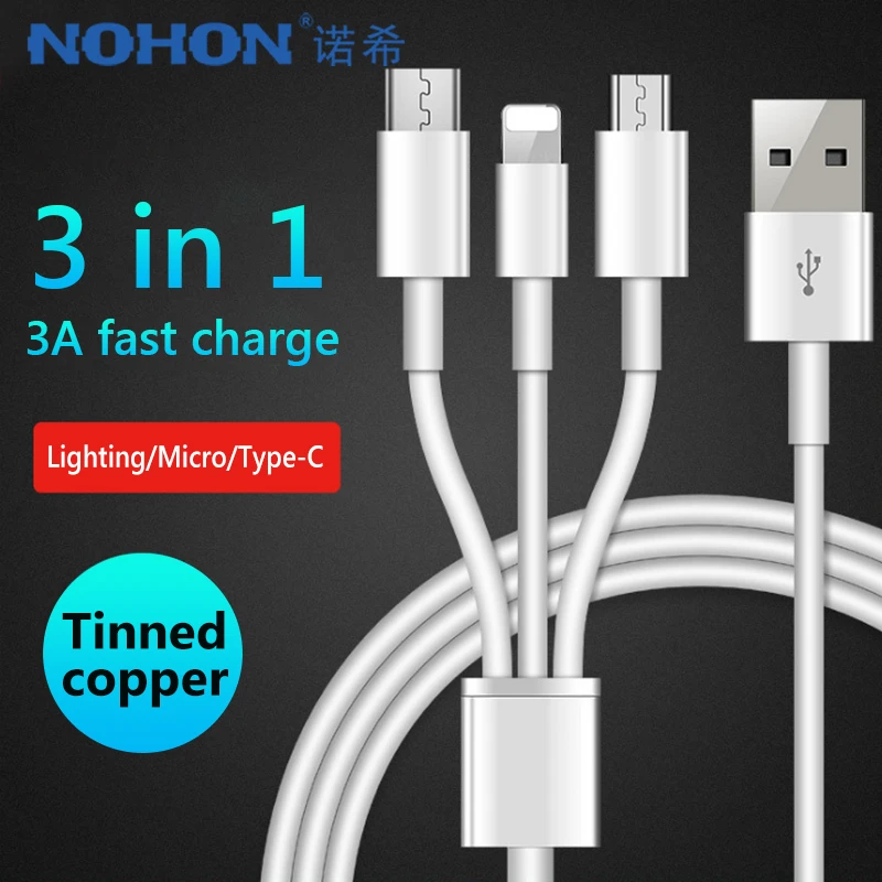Кабель для зарядки NOHON 3 в 1 USB iphone 6s 7 8 X XS Type C Micro Android Samsung S8 S9 Huawei зарядный