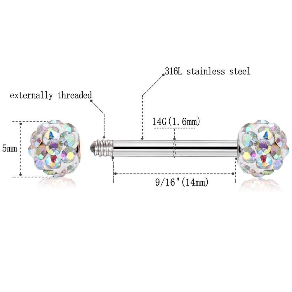 GAGABODY 1 Pair 14G 6 Pairs Nipple Rings Tongue Barbell Crystal Ball Disco Bar 9/16 Inch Silver Nipple Body Piercing 14mm