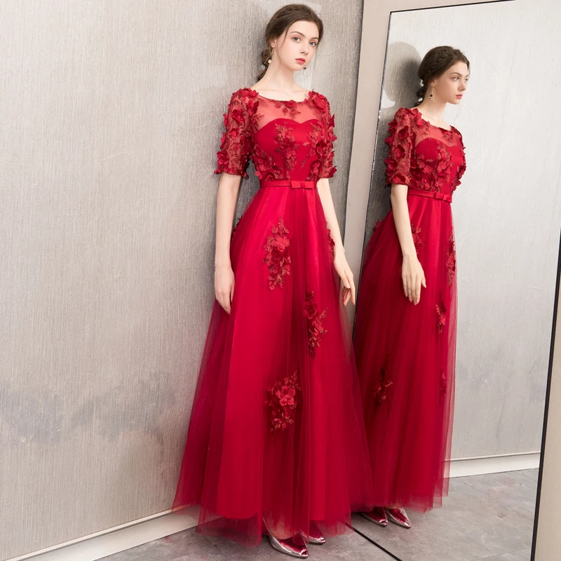 Robe de soiree винно Красное длинное вечернее платье с круглым вырезом и аппликацией