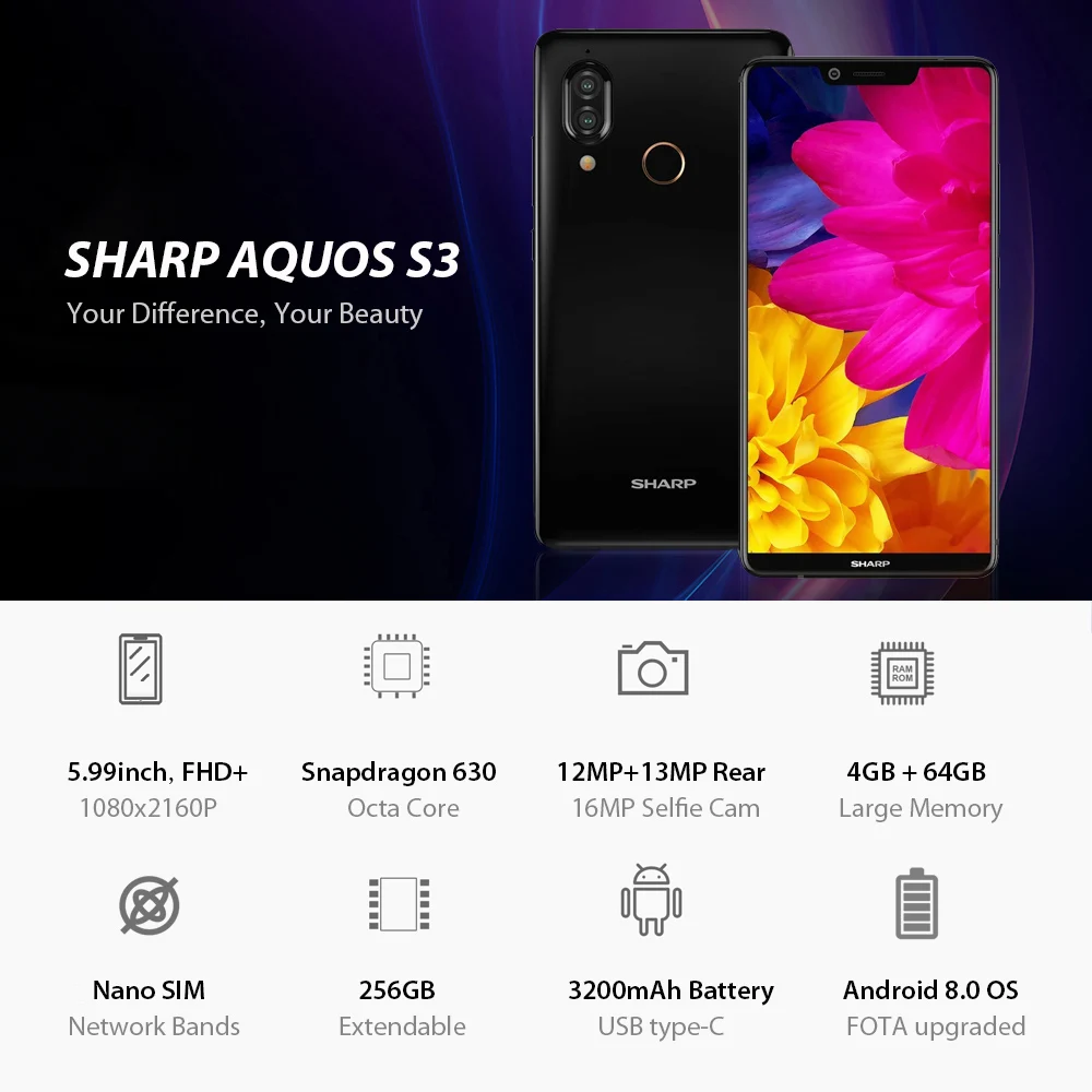 Sharp Aquos S3 5 99 дюйма 18:9 полный Экран мобильный телефон Snapdragon 630 Android 8 0 4 GB Оперативная
