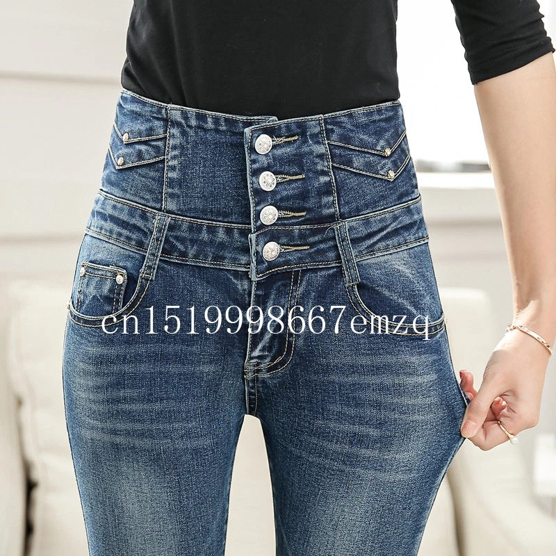 Женские джинсы Штаны Повседневная темно-синие Slim Fit Тонкий ретро джинсы с высокой талией Женская одежда 26-32