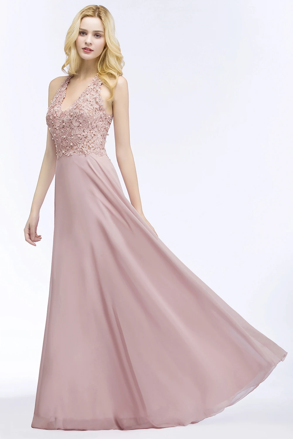 Robe demoiselle d'honneur Sexy V Neck Dusty Pink Lace Bridesmaid Dresses Long A Line Chiffon Pears Formal Prom Party Gowns