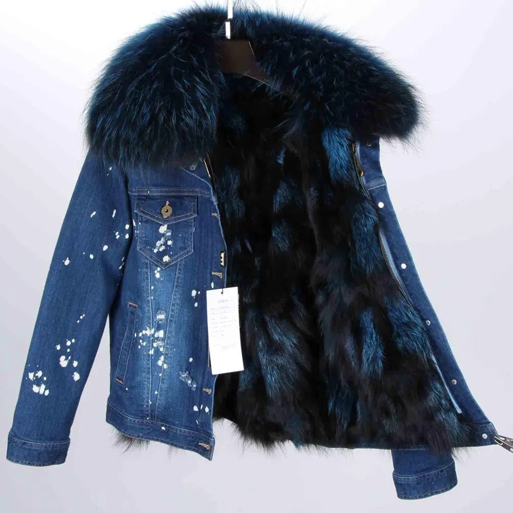 dark denim xblue fur MaoMaoKong, Женское зимнее пальто, большой воротник из меха енота, джинсовая подкладка из натурального Лисьего меха, верхняя одежда, брендовые стильные парки - Цвет: dark denim xblue fur