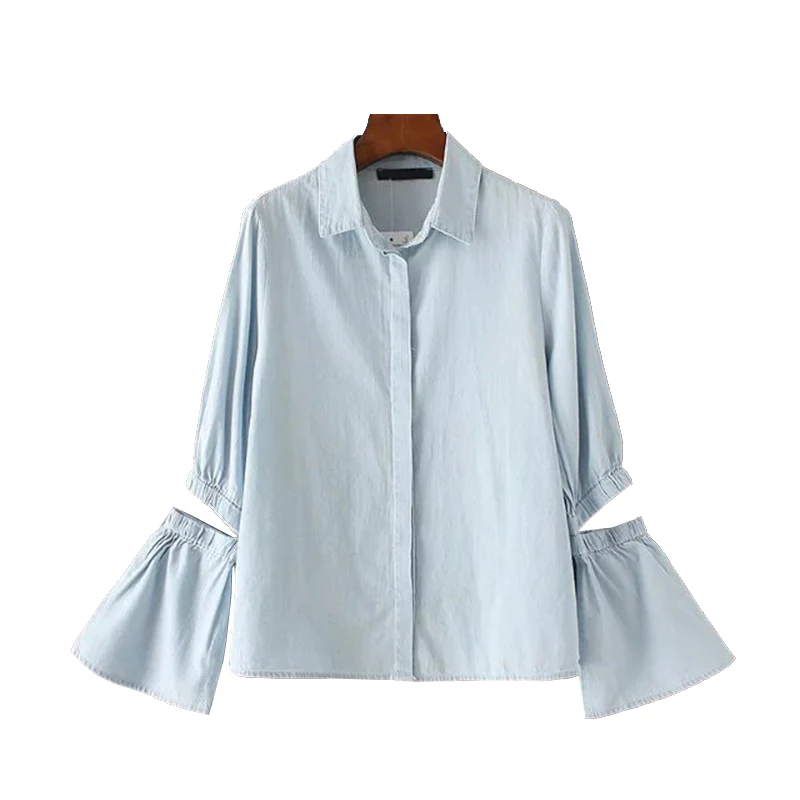 NYMPH European Style 2017 New Hollow Out Design Flare Sleeve Spring Summer Women Casual Shirt Lapel Denim Blouse Female Tops |