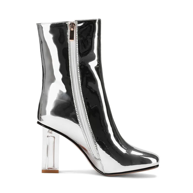 Зимние Модные Серебристые ботинки с вышивкой из микрофибры лакированная кожа