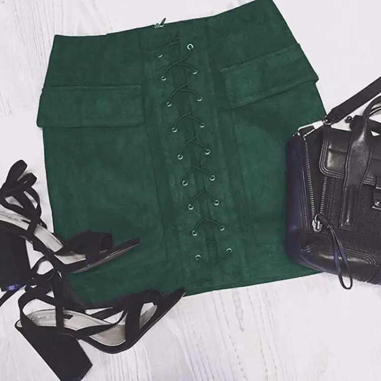 Женская однотонная замшевая юбка повседневная эластичная мини с карманами 12