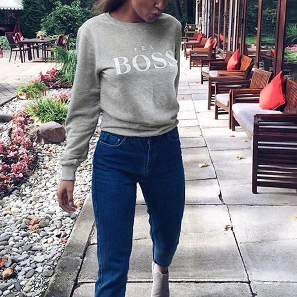 Women Sweatshirt Women Fall Yes Boss Letter Printed Hoodie Sweatshirt Ladies Long Sleeve Pullover Jumper Sudadera Mujer