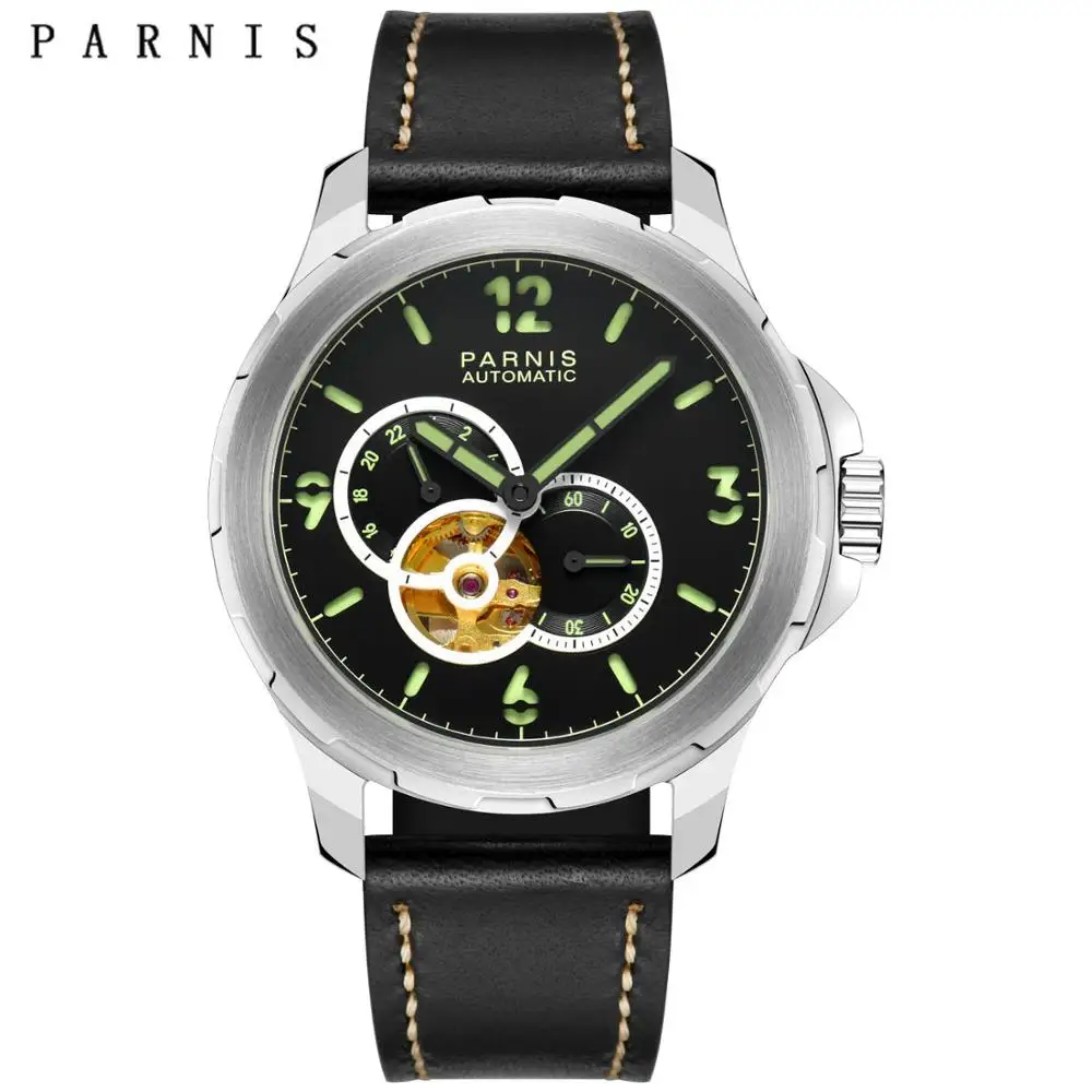 Распродажа, механические часы Relojes Parnis, 44 мм, кожа, турбийон, автоматические часы для мужчин, дата, водонепроницаемые, военные, мужские наручные часы - Цвет: silver case