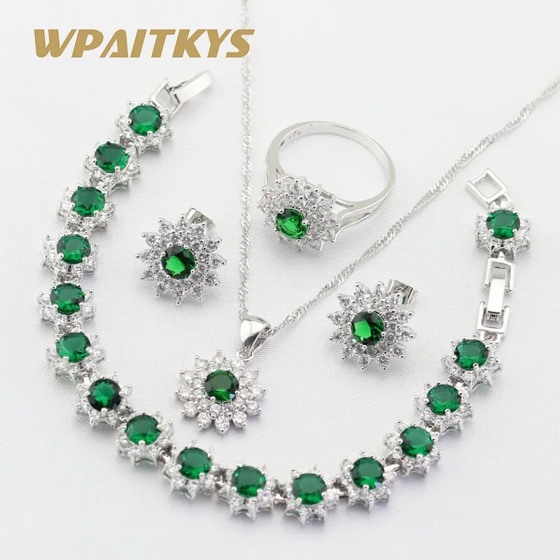 Зеленые камни Белый CZ серебряный цвет Ювелирные наборы для женщин цветок форма