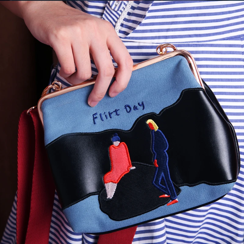 2020 New Yizi original Korean embroidery PU leather mouth gold shoulder female diagonal Handbags casual small bag | Багаж и сумки