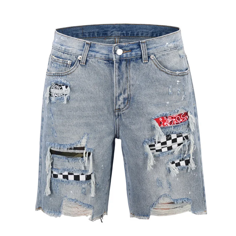 

Man Denim Shorts Street Worn Washed Washed Hole Cashew Flower Denim Shorts Cool 2 Colors