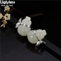 uglyless 100 real 925 sterling silver leaf stud earrings for women nature jade gourd studs sprout fine jewelry gemstone brincos