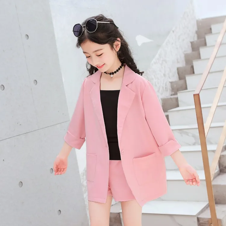 British Style Girls Casual Suit 3 Pcs Spring Fall New Children's Long Plaid Coat + Camisole Tops Shorts Kids Clothes X177 | Детская