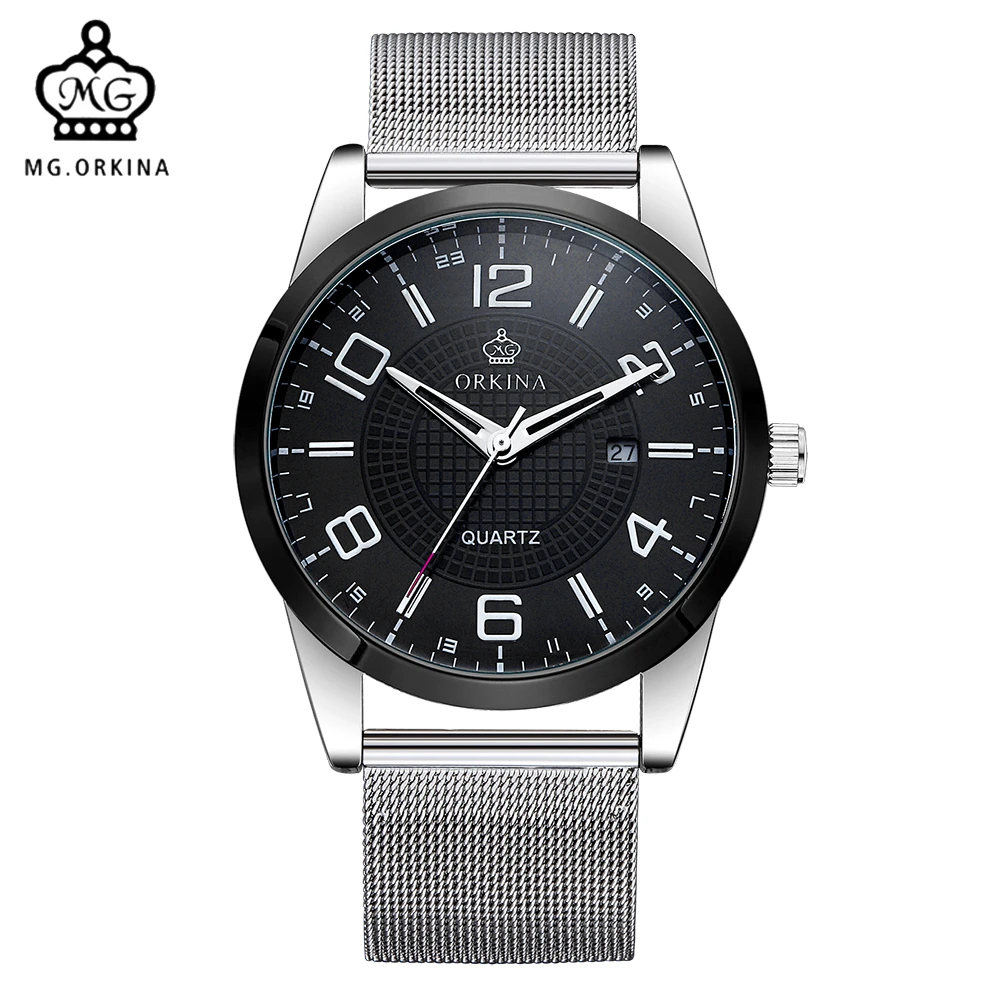 Мг. Часы мужские кварцевые с сетчатым ремешком из нержавеющей стали|homme|homme montre |