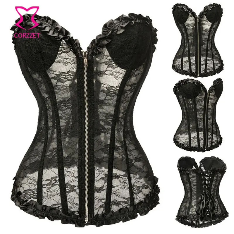 Корсеты корсеты и бюстье черные кружевные на молнии со стальными косточками