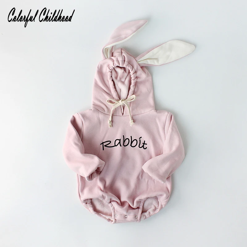 

2018 New Born Winter Baby Girl Clothes Rompers Kids Fall Long Sleeve Soft Cozy Warm Velvet Hooded Cute Rabbit Ears Girl Romper