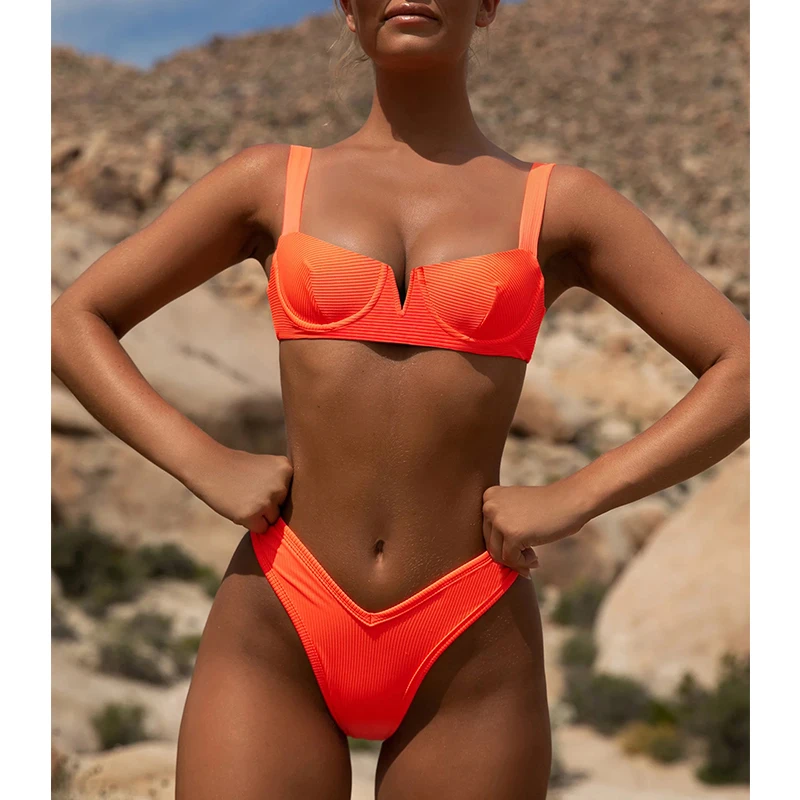 Misswim неоновое бикини, сексуальный купальник с высоким вырезом, женский купальник с пуш-ап, Женский ребристый купальник, треугольный бикини, комплект, пляжная одежда