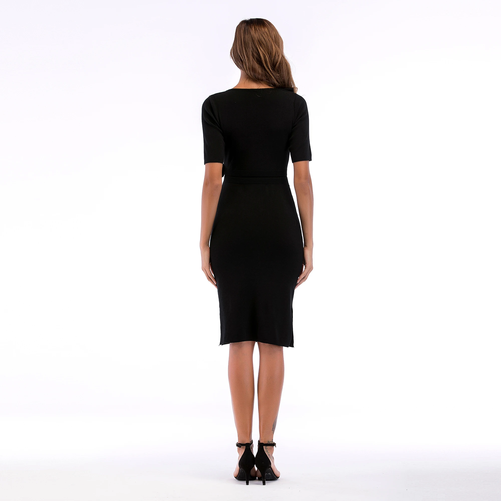 Женское платье карандаш VZFF черное облегающее миди с поясом вязанное Бандажное