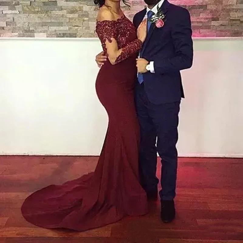 Бордовые красные вечерние платья Русалка с вырезом лодочкой vestidos largos с аппликацией из пайеток вечерние платья с длинным рукавом