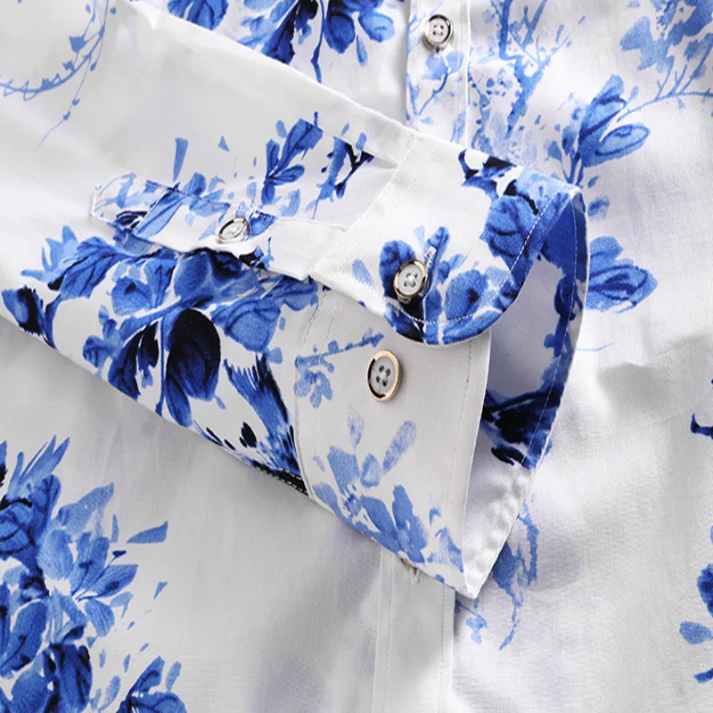 

High Quality Men's Floral Shirt 2019 New Fashion slim fit Long Sleeve Blue and white porcelain Men Shirts Flowers 6XL 7XL #7509