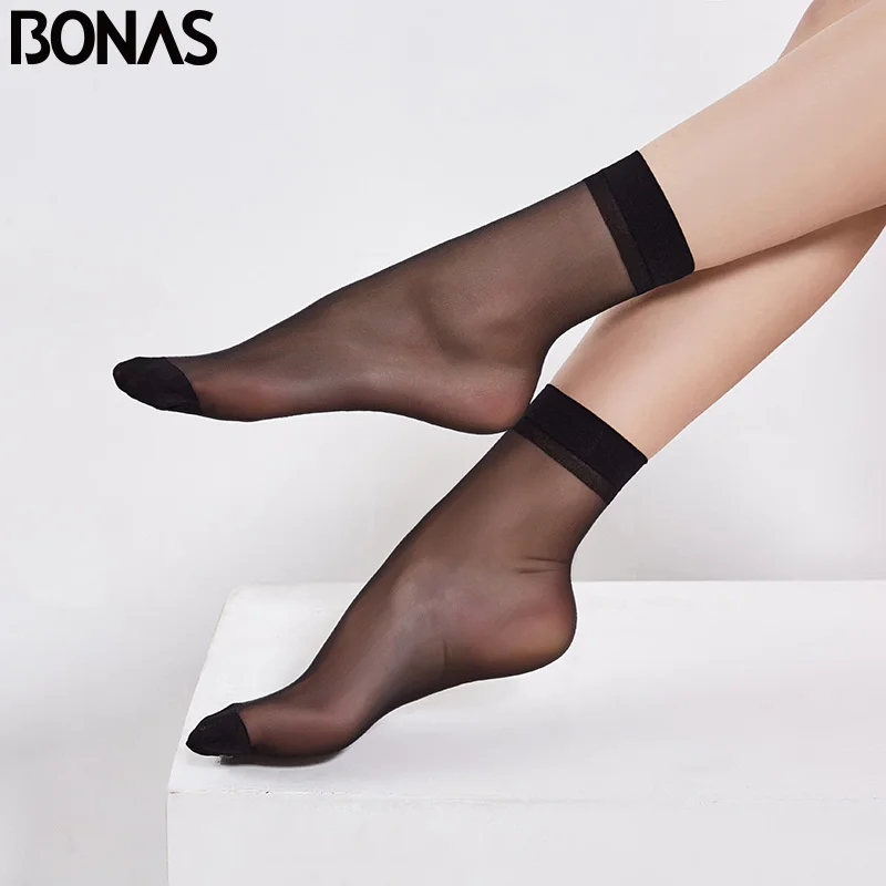 BONAS 5 шт./лот 20 см Для женщин короткие носки летние высокие эластичные ботильоны чистого шелка, нейлоновые носки женские ультратонкие прозрачные женские носки - Цвет: black