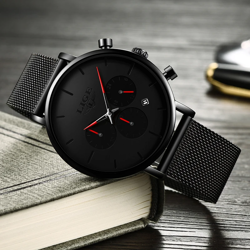 LIGE Fashion Thin Mens Watches Top Brand Luxury Quartz Watch Men Casual Slim Mesh Waterproof Sport Black Relogio Masculino | Наручные