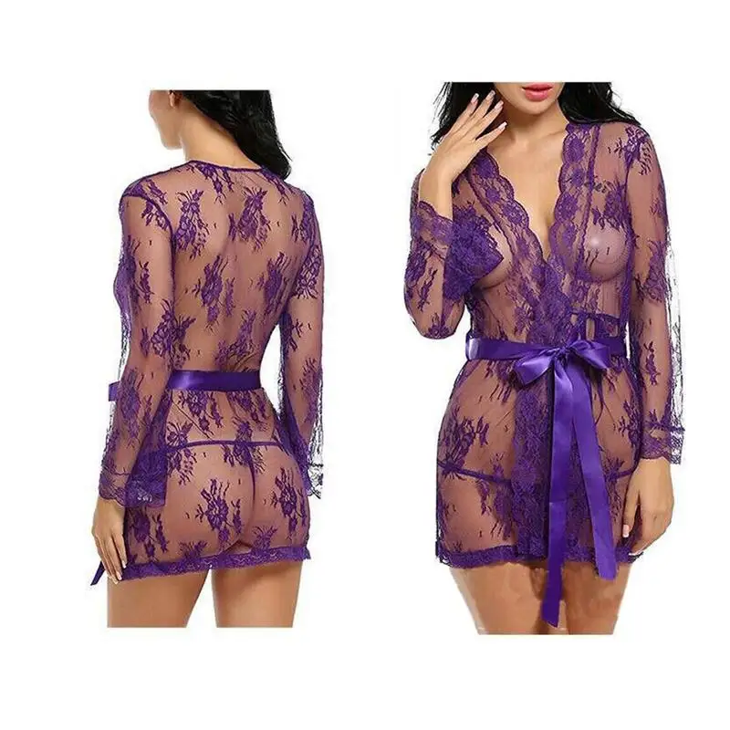 Purple Женская сексуальная Шелковая пижама Babydoll, Кружевная Сетка, перспективный халат, длинный рукав, v-образный вырез, сплошной цвет, простой тонкий пояс, сексуальная пижама - Цвет: Purple