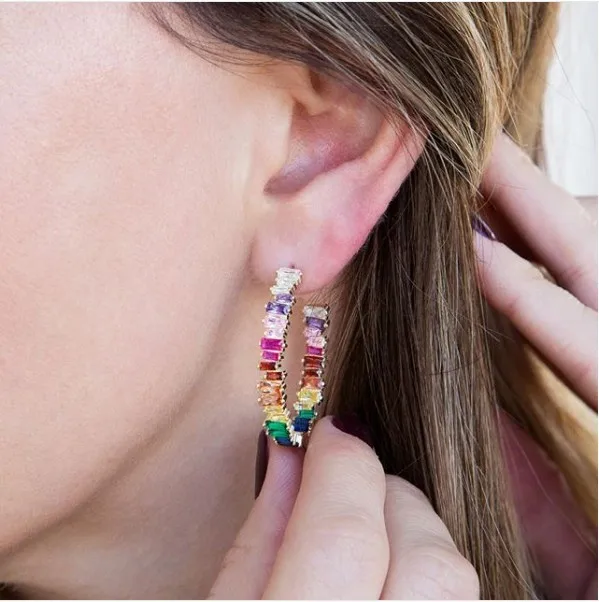 

Newest Designs Fancy Irregular Colorful CZ Bar Hoop Earrings Rainbow Cubic Zirconia For Women Big Punk Round Earrings Brincos
