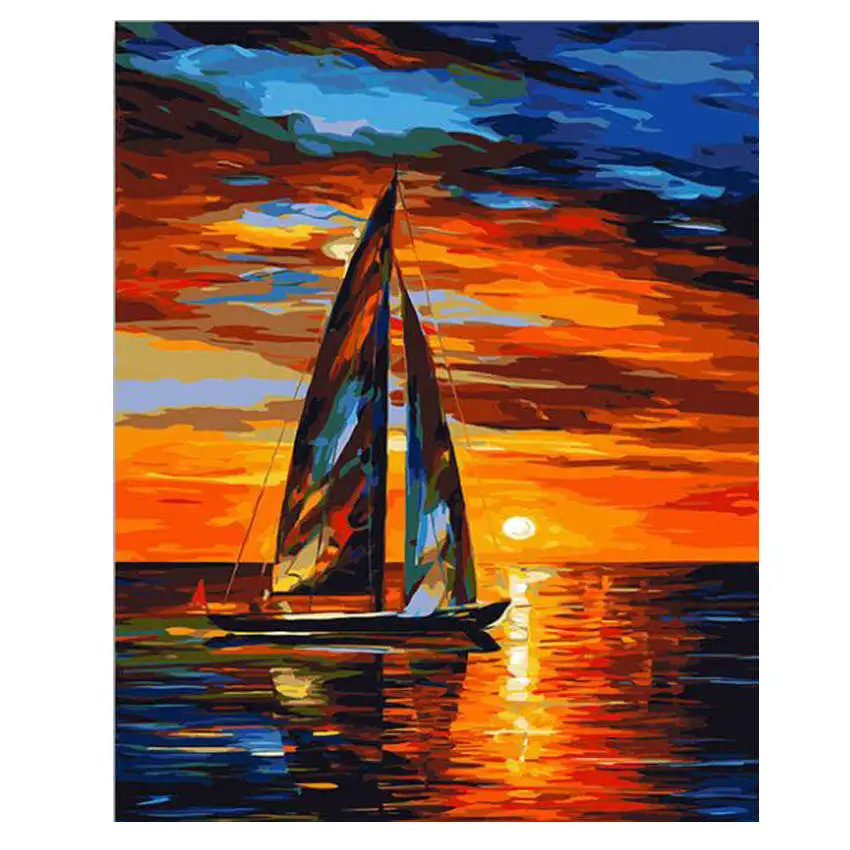 scenery painting 20 Картина с изображением парусного корабля по номерам, современный закат, океан, сделай сам, цифровая настенная художественная картина для домашнего декора, пейзаж, картина маслом 40x50 - Цвет: scenery painting 20