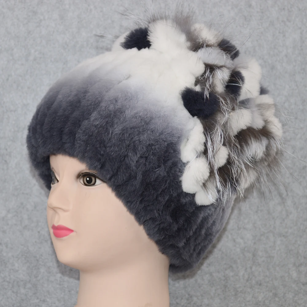 Новые женские шапки Настоящий мех кролика Skullies, роскошные эластичные вязаные цветочные шапки из натурального меха кролика Рекс, зимние шапки из натурального меха