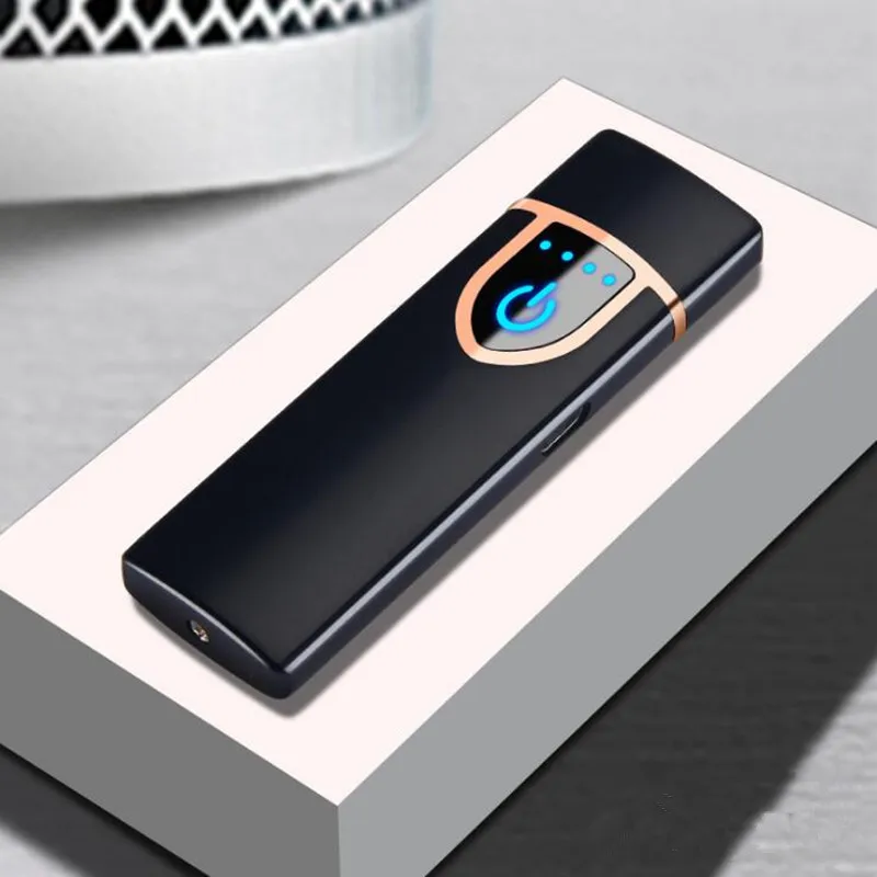 Тонкая зарядка через USB Зажигалка с сенсорным экраном зажигалки для электронных сигарет маленький ветрозащитный негорящий перезаряжаемый Электрический Зажигалка - Цвет: Черный